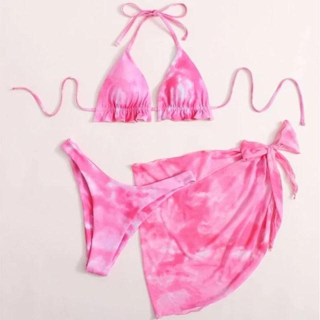 3-Piece Halter Bikini Set with Wrap Skirt