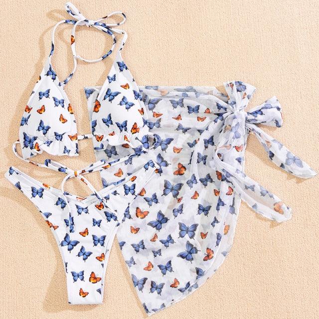 3-Piece Halter Bikini Set with Wrap Skirt