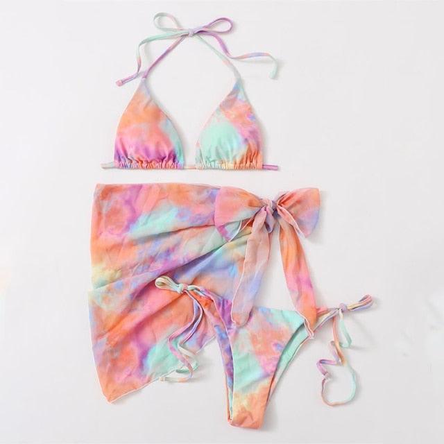 3-Piece Halter Bikini Set with Wrap Skirt