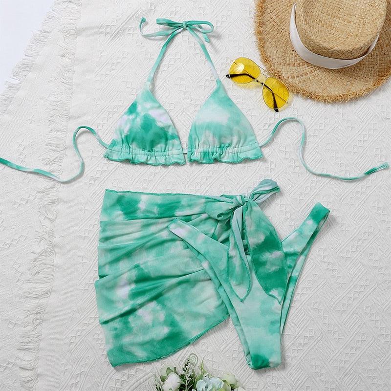 3-Piece Halter Bikini Set with Wrap Skirt