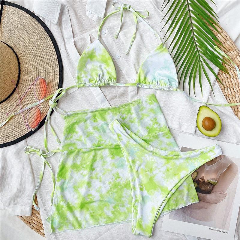 3-Piece Halter Bikini Set with Wrap Skirt