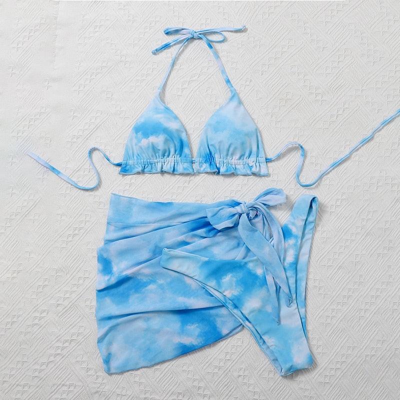 3-Piece Halter Bikini Set with Wrap Skirt