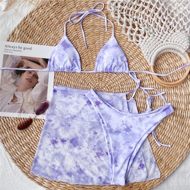 3-Piece Halter Bikini Set with Wrap Skirt