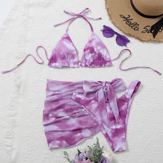 3-Piece Halter Bikini Set with Wrap Skirt