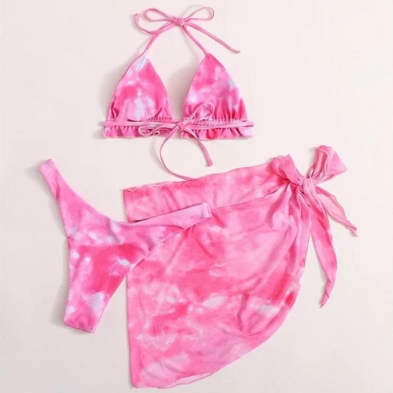 3-Piece Halter Bikini Set with Wrap Skirt