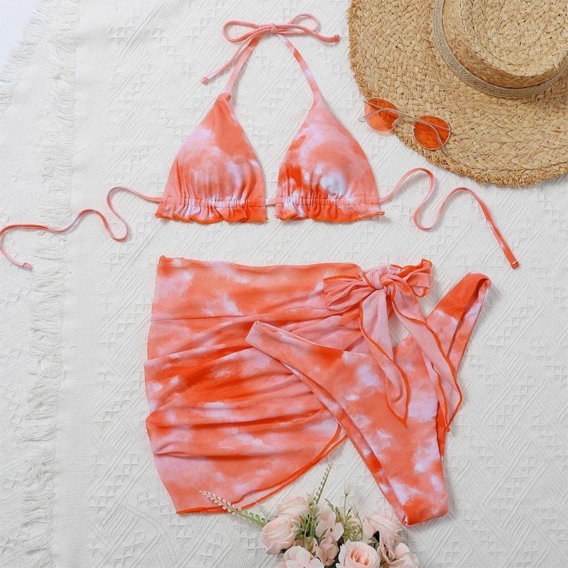 3-Piece Halter Bikini Set with Wrap Skirt