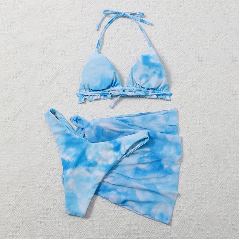 3-Piece Halter Bikini Set with Wrap Skirt