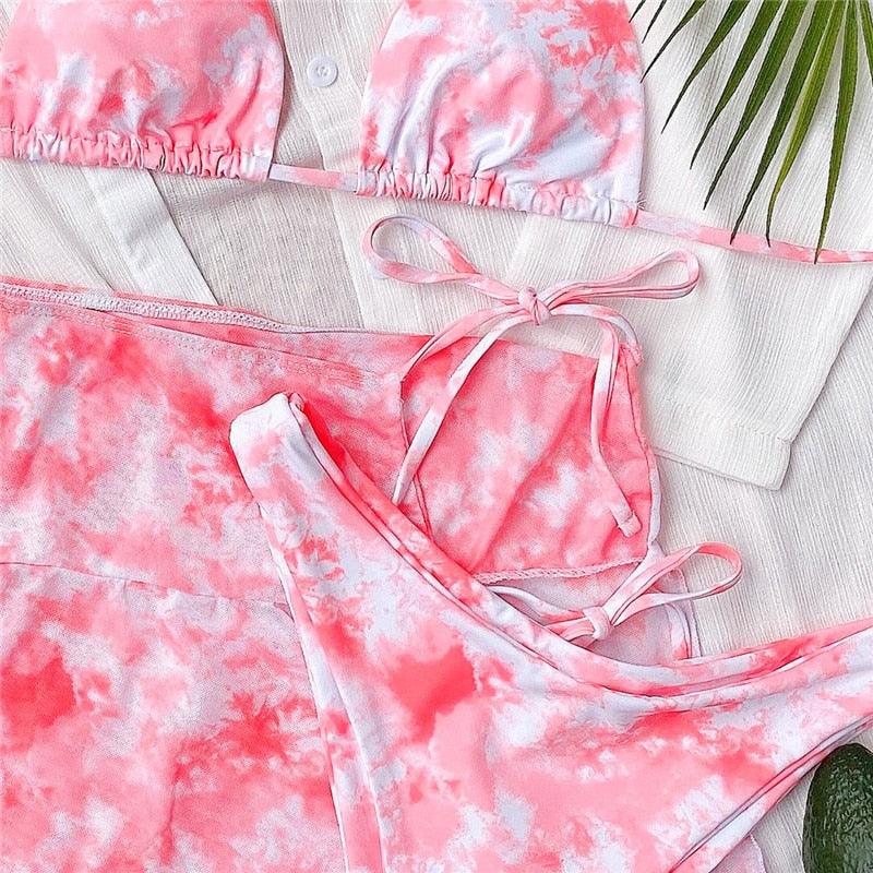 3-Piece Halter Bikini Set with Wrap Skirt