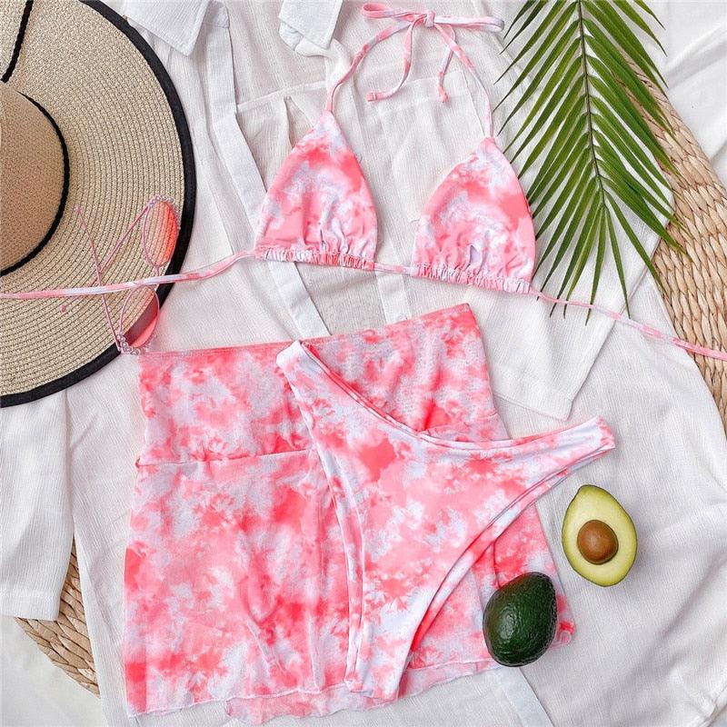 3-Piece Halter Bikini Set with Wrap Skirt