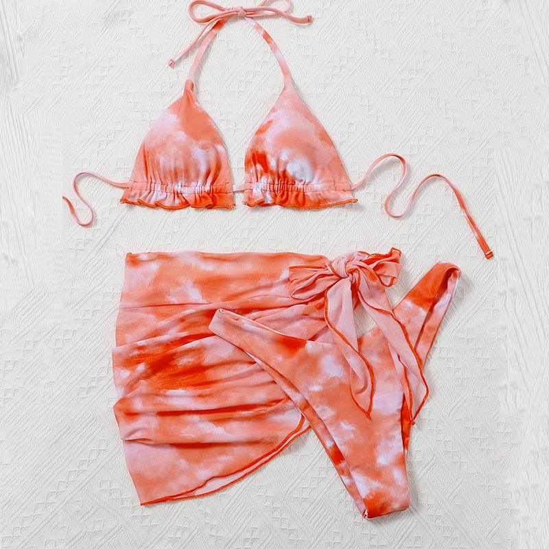 3-Piece Halter Bikini Set with Wrap Skirt