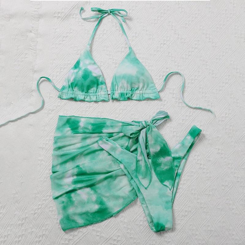 3-Piece Halter Bikini Set with Wrap Skirt