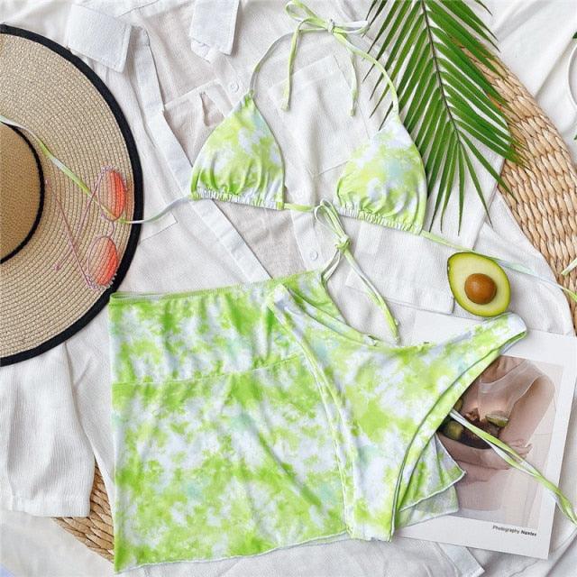 3-Piece Halter Bikini Set with Wrap Skirt