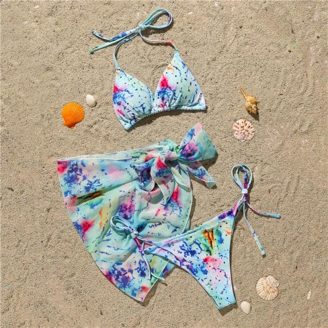 3-Piece Halter Bikini Set with Wrap Skirt