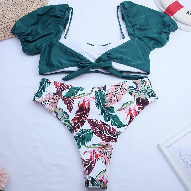 2-Piece High Waist Puff Sleeve Bikini Set