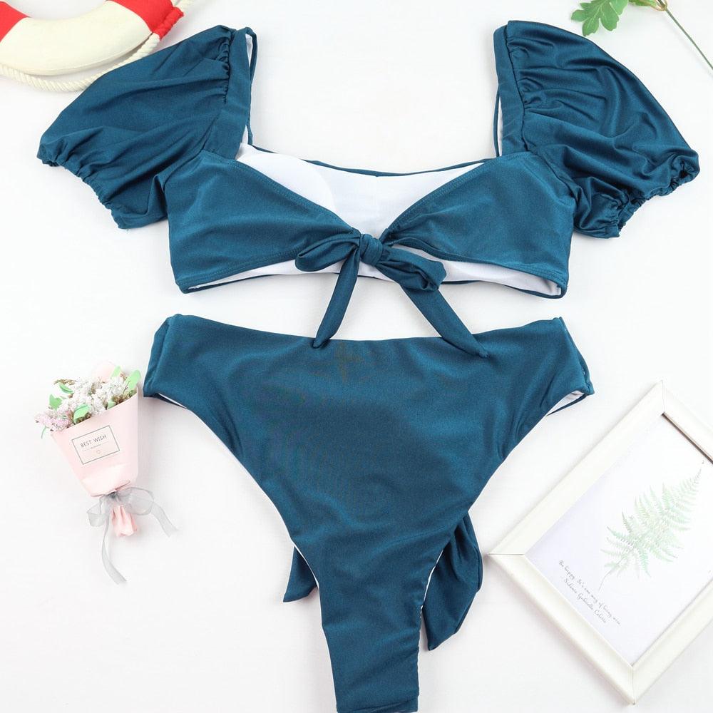 2-Piece High Waist Puff Sleeve Bikini Set