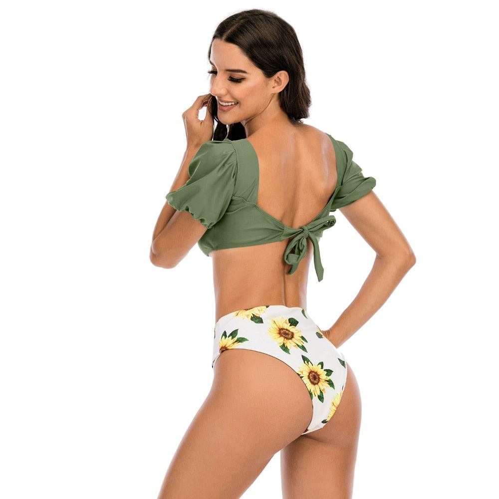 2-Piece High Waist Puff Sleeve Bikini Set