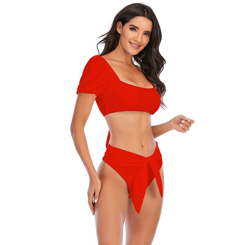 2-Piece High Waist Puff Sleeve Bikini Set