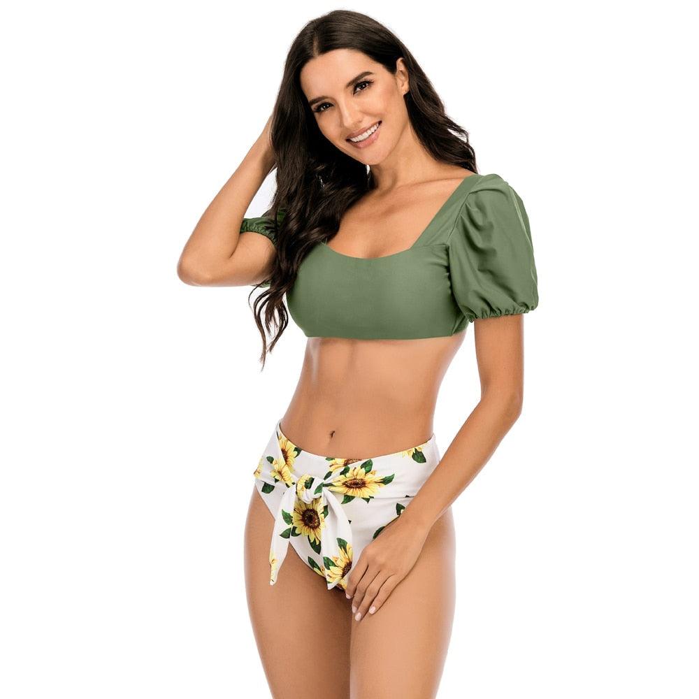 2-Piece High Waist Puff Sleeve Bikini Set