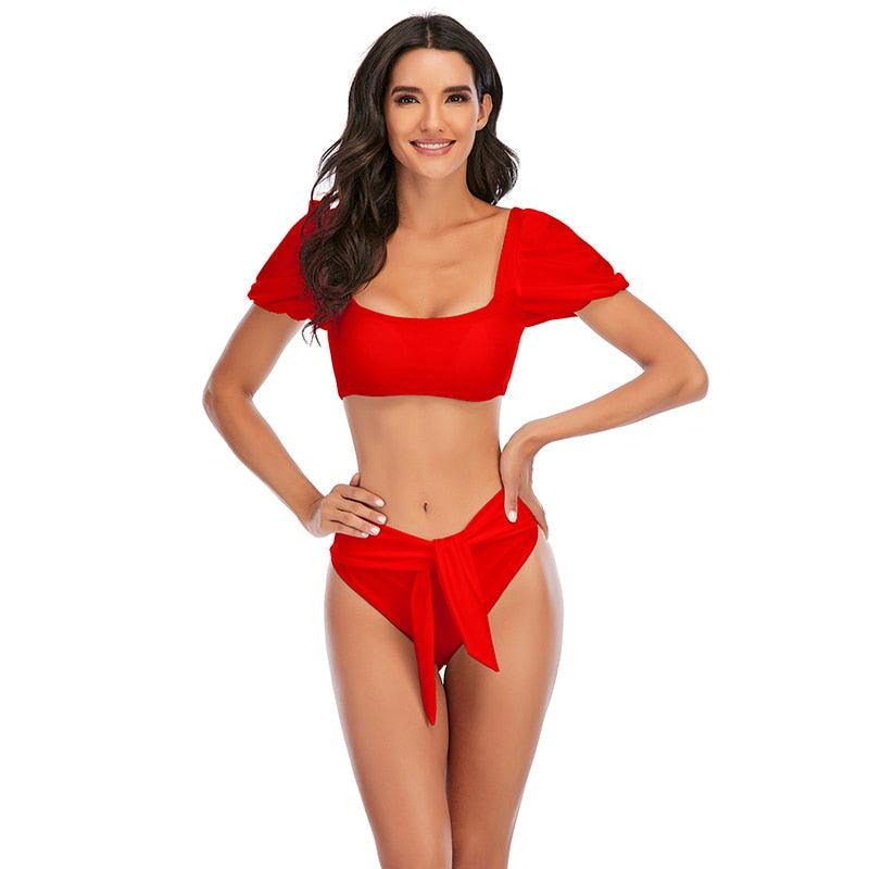 2-Piece High Waist Puff Sleeve Bikini Set