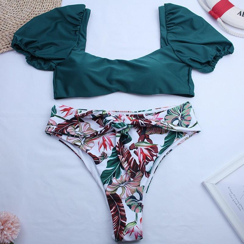 2-Piece High Waist Puff Sleeve Bikini Set