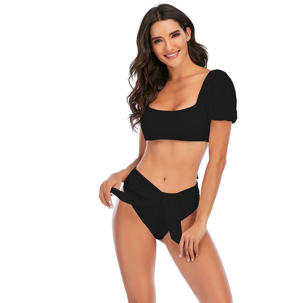 2-Piece High Waist Puff Sleeve Bikini Set