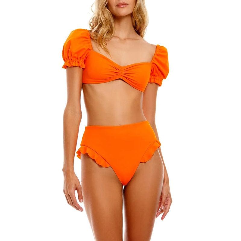 2-Piece High Waist Puff Sleeve Bikini Set