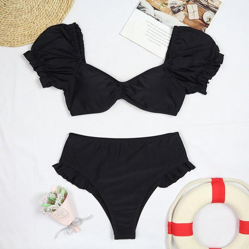 2-Piece High Waist Puff Sleeve Bikini Set