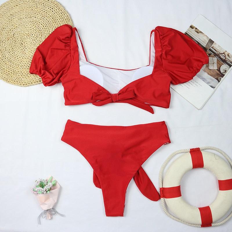 2-Piece High Waist Puff Sleeve Bikini Set