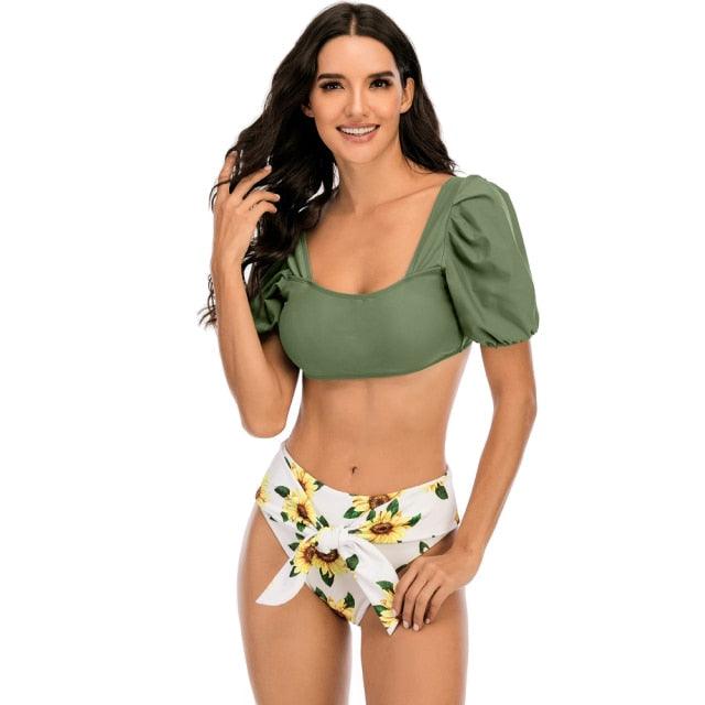 2-Piece High Waist Puff Sleeve Bikini Set
