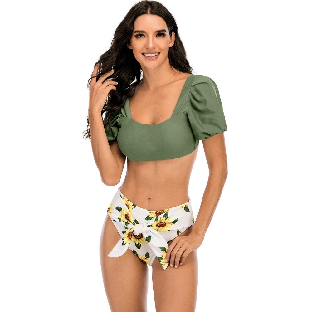2-Piece High Waist Puff Sleeve Bikini Set