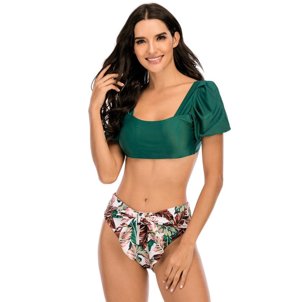 2-Piece High Waist Puff Sleeve Bikini Set