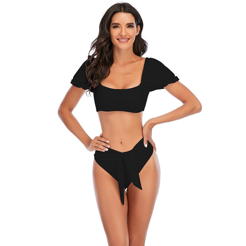 2-Piece High Waist Puff Sleeve Bikini Set