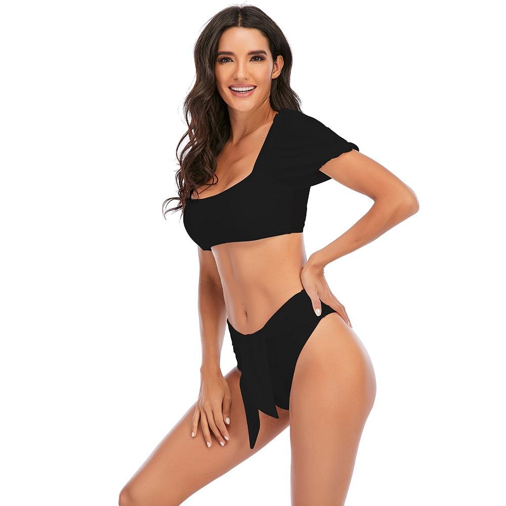2-Piece High Waist Puff Sleeve Bikini Set