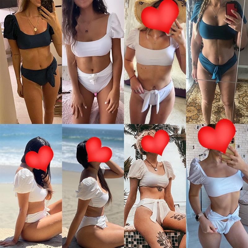 2-Piece High Waist Puff Sleeve Bikini Set