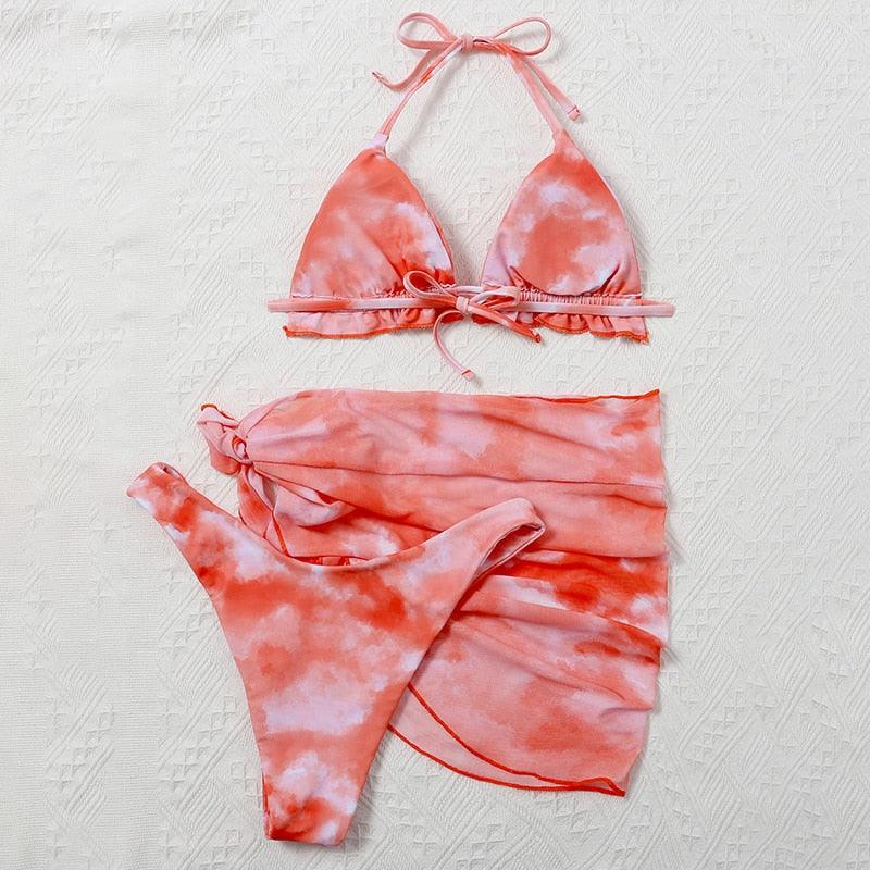 3-Piece Halter Bikini Set with Wrap Skirt