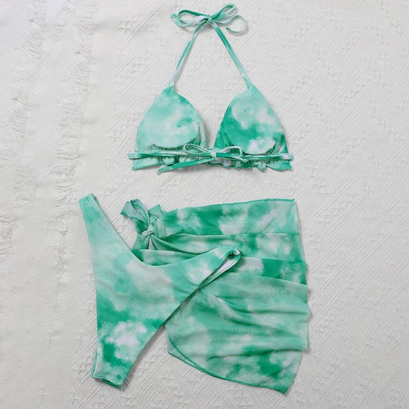 3-Piece Halter Bikini Set with Wrap Skirt