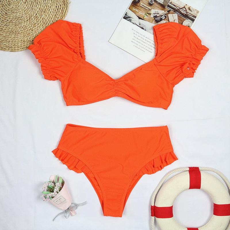 2-Piece High Waist Puff Sleeve Bikini Set