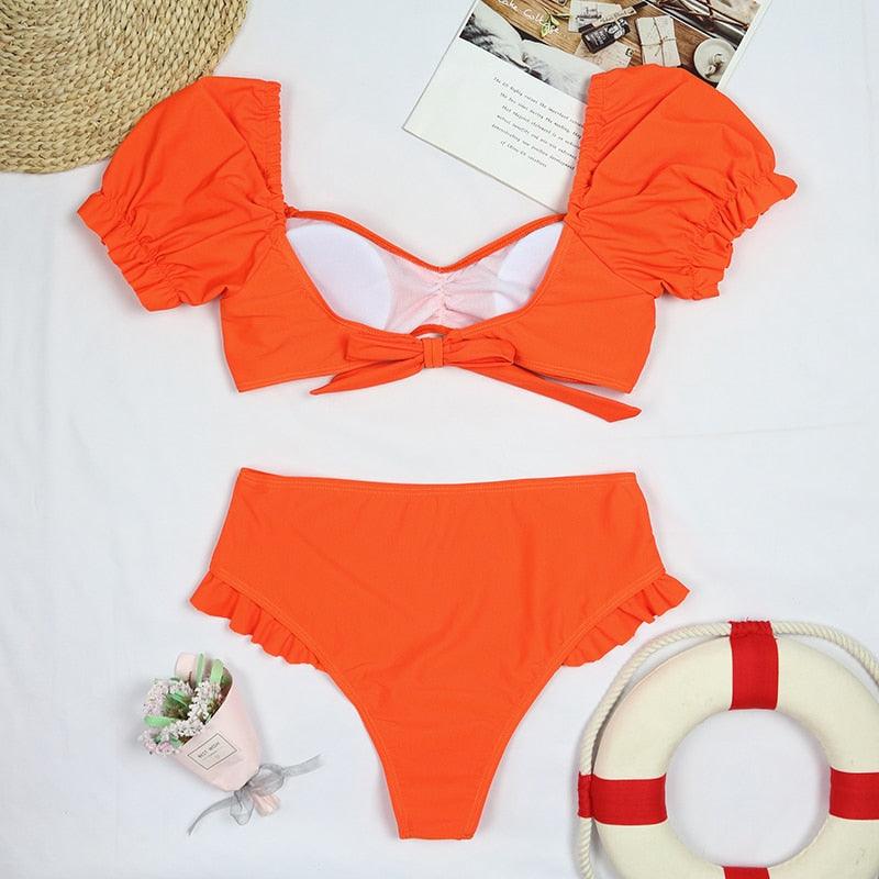 2-Piece High Waist Puff Sleeve Bikini Set