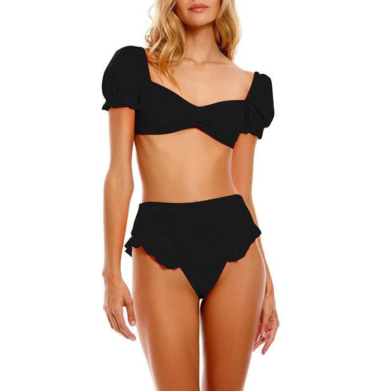 2-Piece High Waist Puff Sleeve Bikini Set
