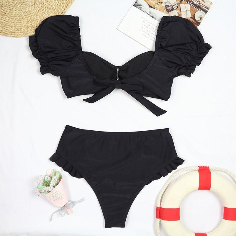 2-Piece High Waist Puff Sleeve Bikini Set