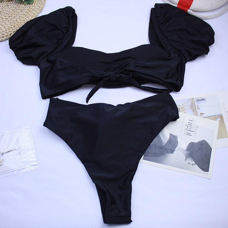 2-Piece High Waist Puff Sleeve Bikini Set