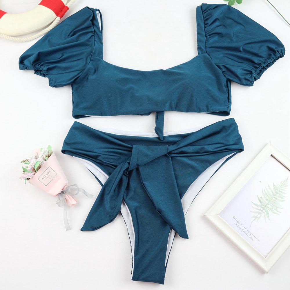2-Piece High Waist Puff Sleeve Bikini Set