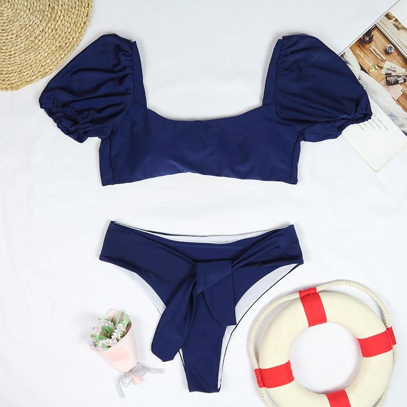 2-Piece High Waist Puff Sleeve Bikini Set
