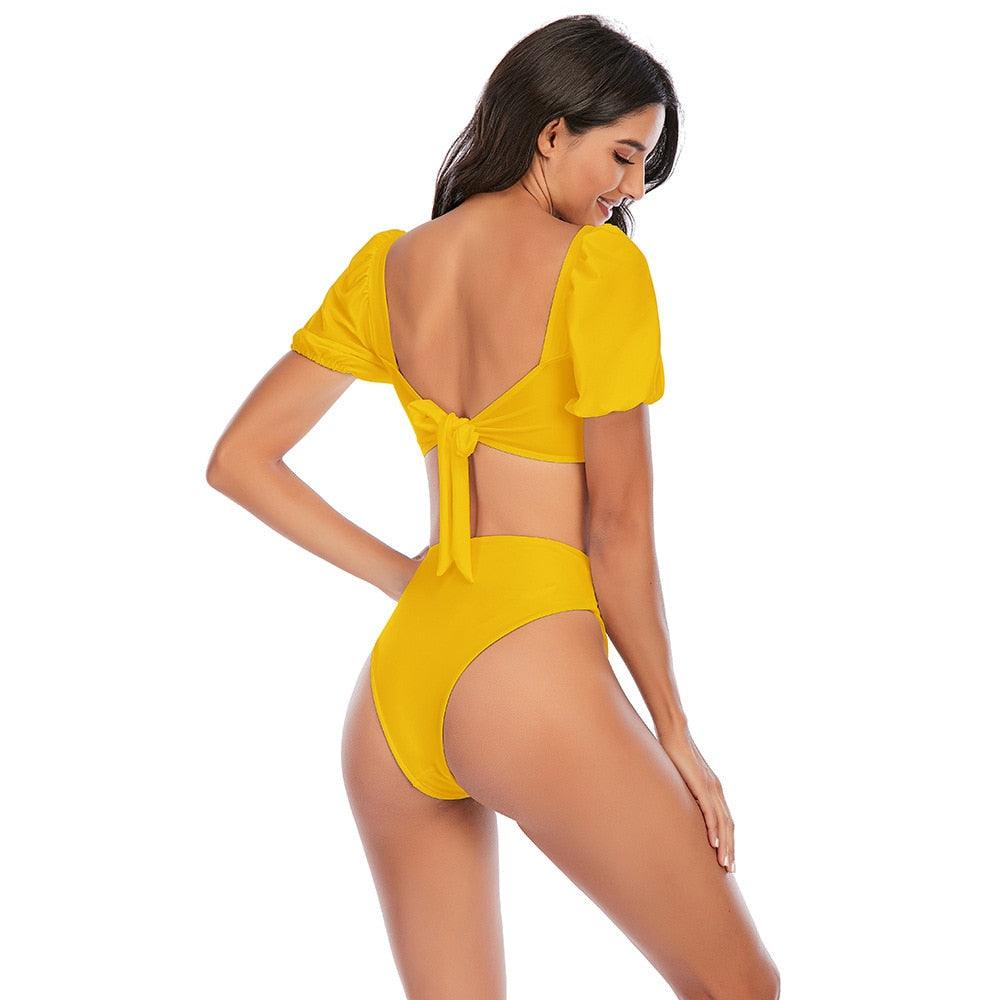 2-Piece High Waist Puff Sleeve Bikini Set