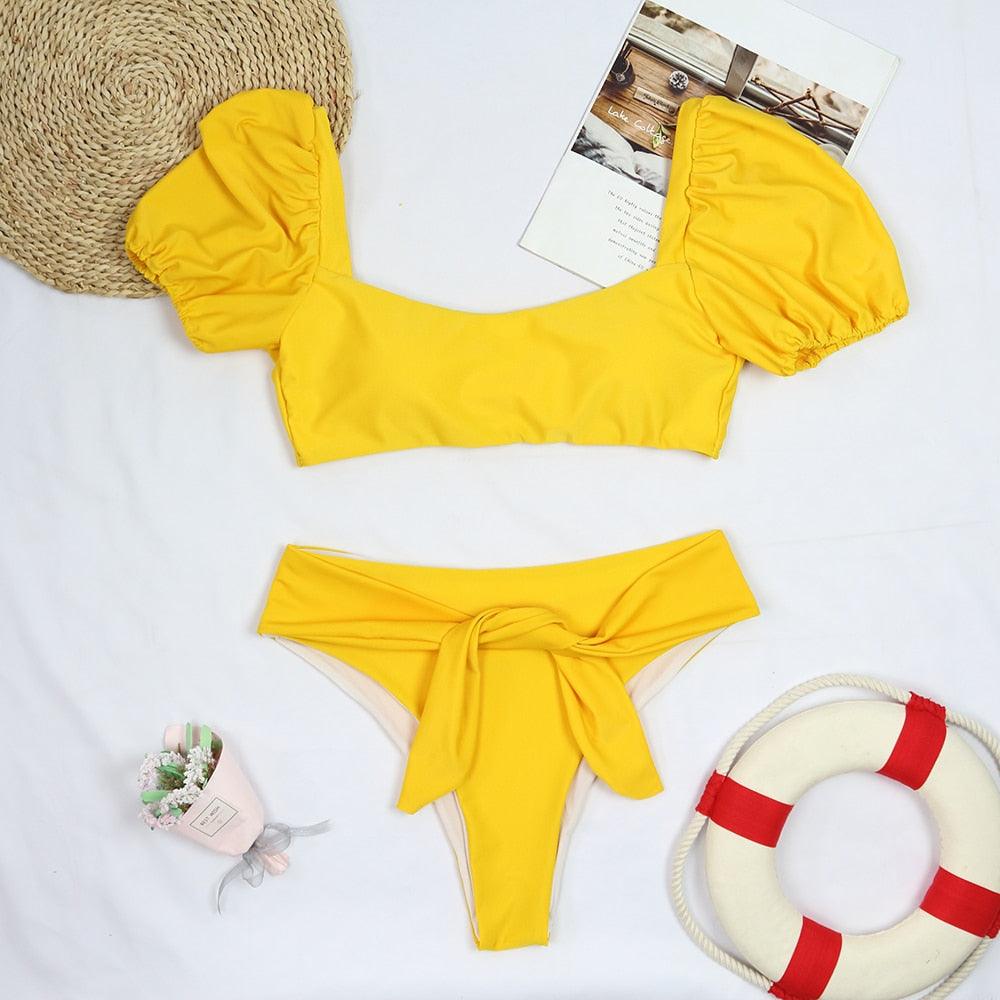 2-Piece High Waist Puff Sleeve Bikini Set