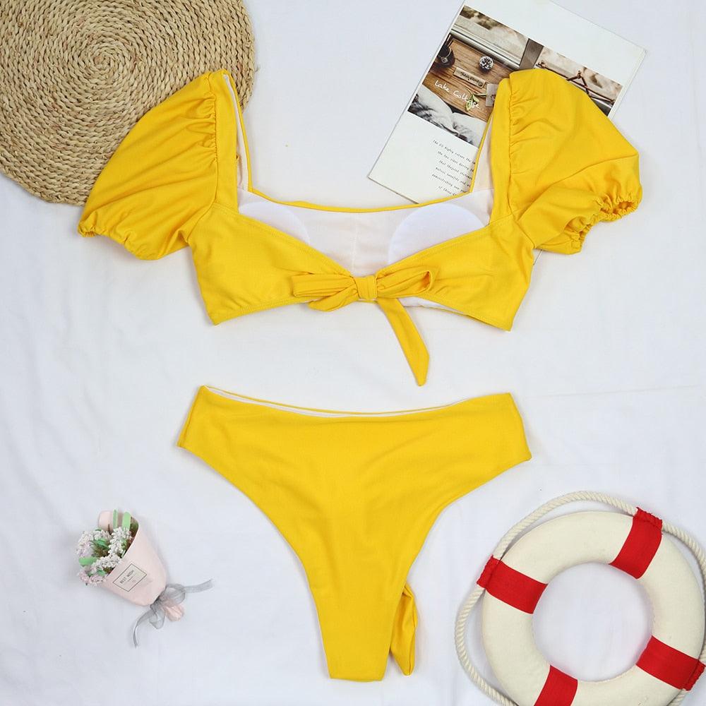 2-Piece High Waist Puff Sleeve Bikini Set