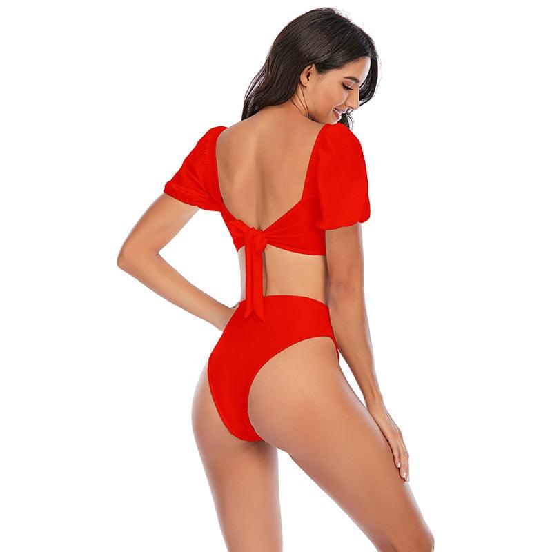 2-Piece High Waist Puff Sleeve Bikini Set