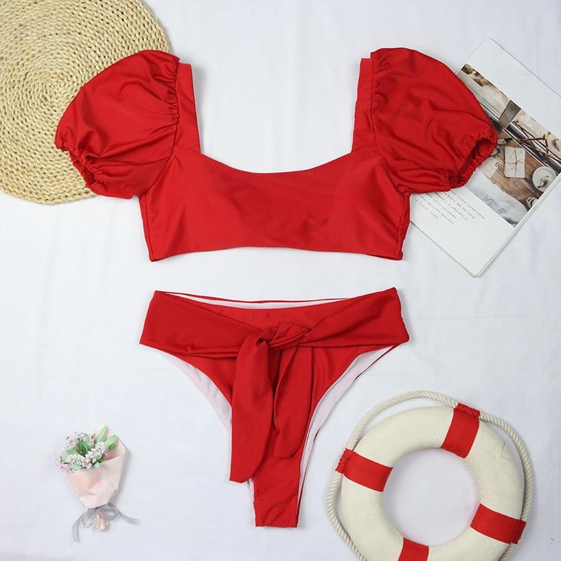 2-Piece High Waist Puff Sleeve Bikini Set