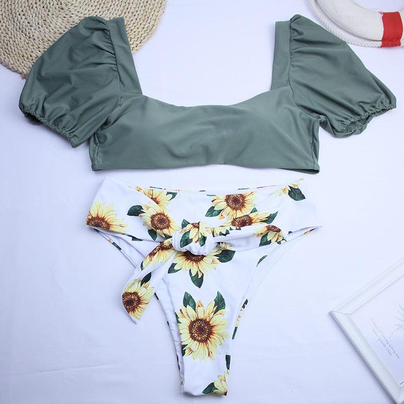 2-Piece High Waist Puff Sleeve Bikini Set