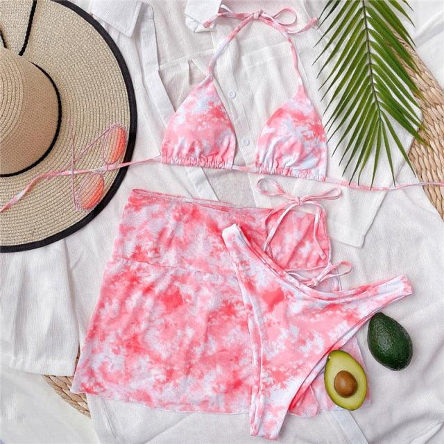 3-Piece Halter Bikini Set with Wrap Skirt